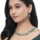 Rhodium-Plated Green American Diamond Studded Teardrop & Crescent Shaped Necklace with Earrings Jewellery Set