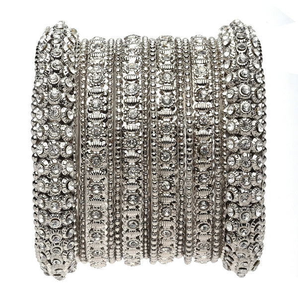 Oxidised Silver-Plated White Artificial Stones studded Bangles Jewellery Set (Set Of 6)