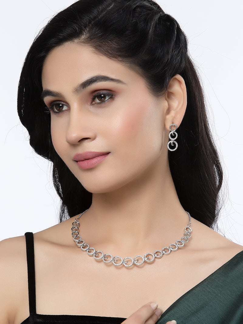 Rhodium-Plated White Oblique Shape American Diamonds Studded Necklace & Earrings Jewellery Set