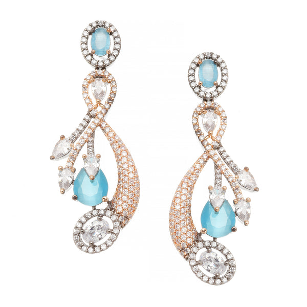 Rose Gold-Plated Gunmetal Toned Blue American Diamond studded Quirky Shaped Drop Earrings