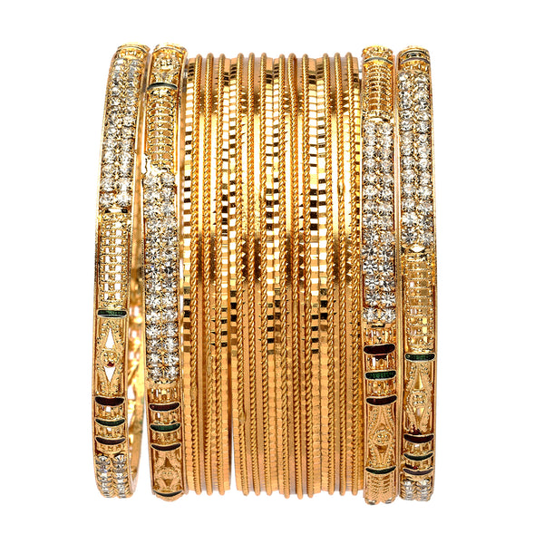 Gold-Plated White Crystal studded Classic Bangles Jewellery Set (Set Of 16)
