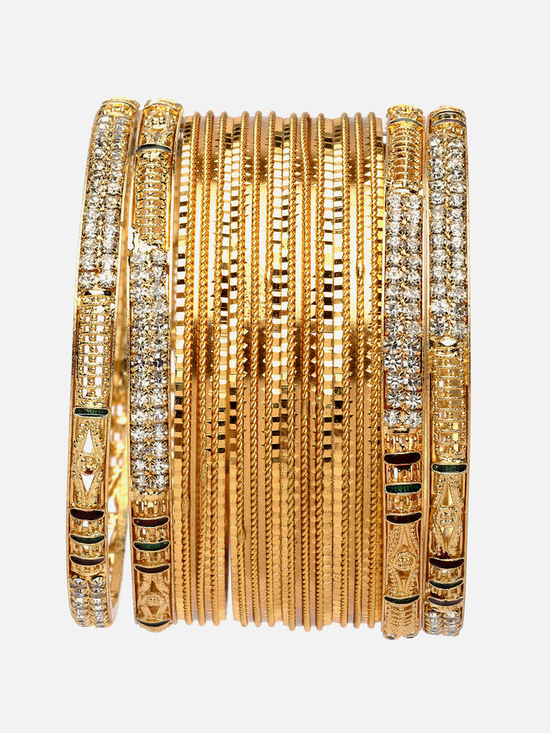 Gold-Plated White Crystal studded Classic Bangles Jewellery Set (Set Of 16)