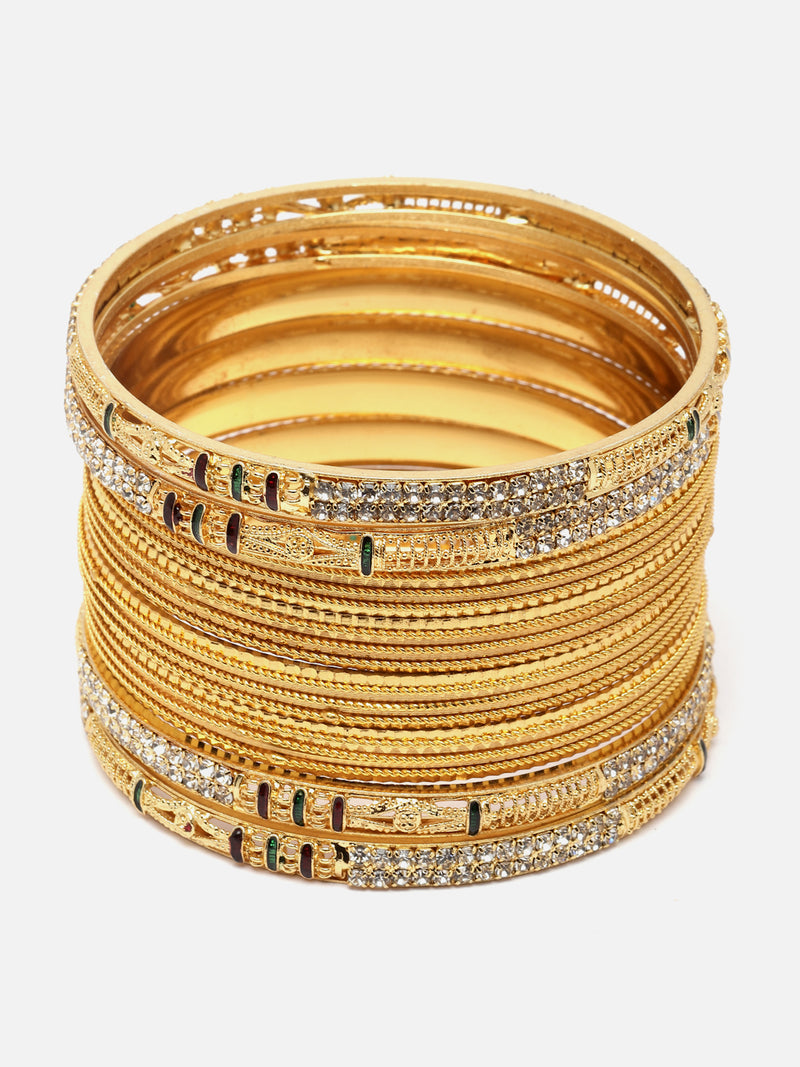 Gold-Plated White Crystal studded Classic Bangles Jewellery Set (Set Of 16)