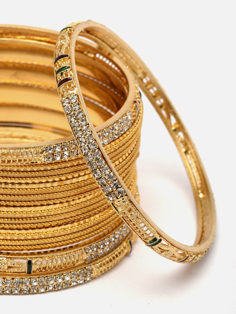 Gold-Plated White Crystal studded Classic Bangles Jewellery Set (Set Of 16)