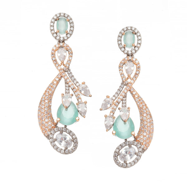 Rose Gold-Plated Gunmetal Toned Sea Green American Diamond studded Quirky Shaped Drop Earrings