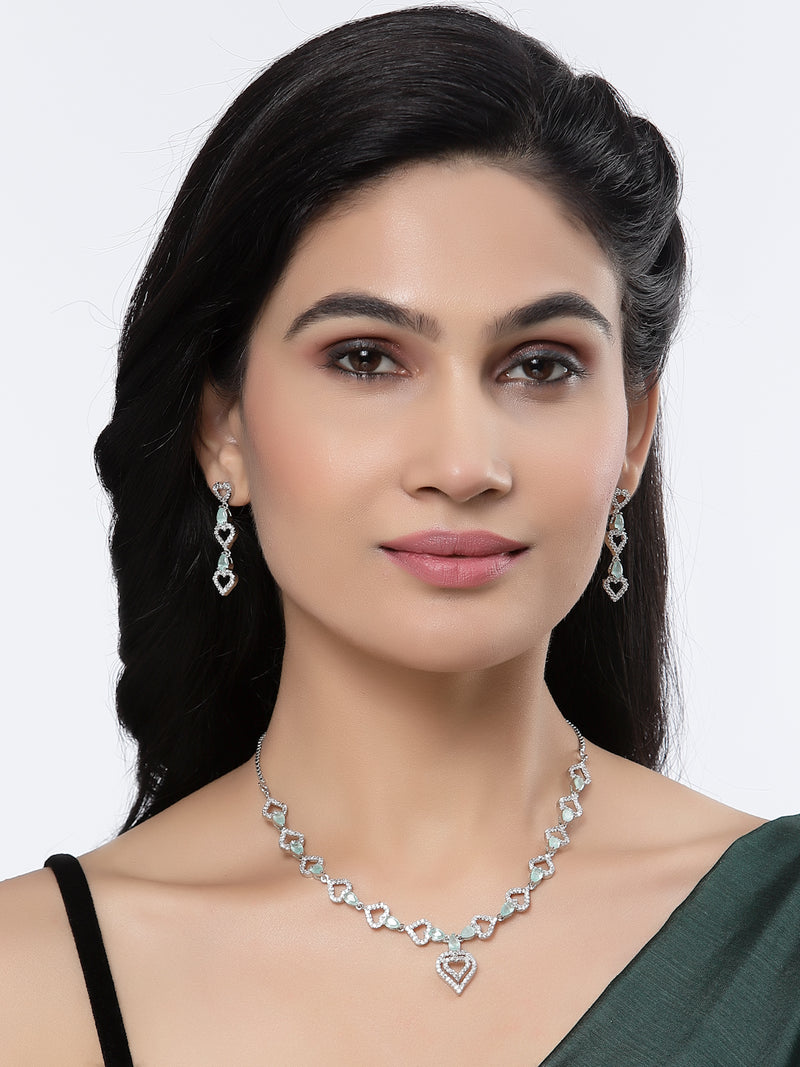 Rhodium-Plated Sea Green American Diamond Studded Heart Design Necklace & Earrings Jewellery Set