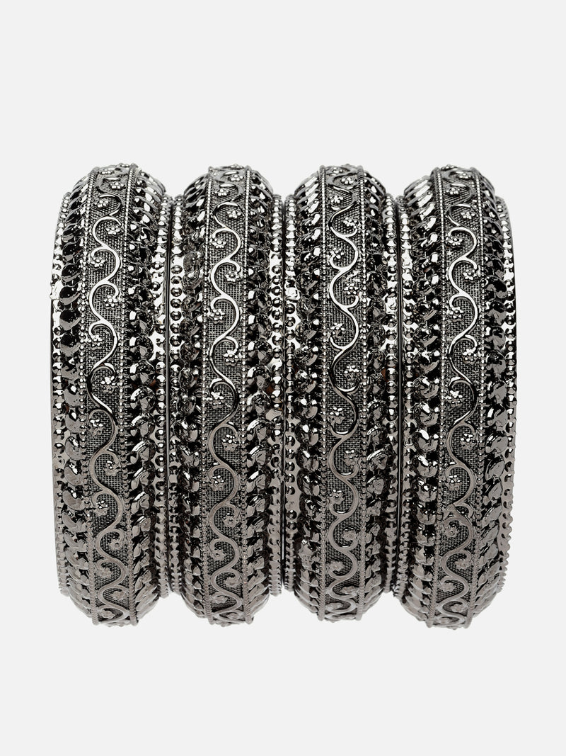 Set Of 4 Oxidised Silver-Plated Black Toned Intricate Textured Bangles Jewellery Set