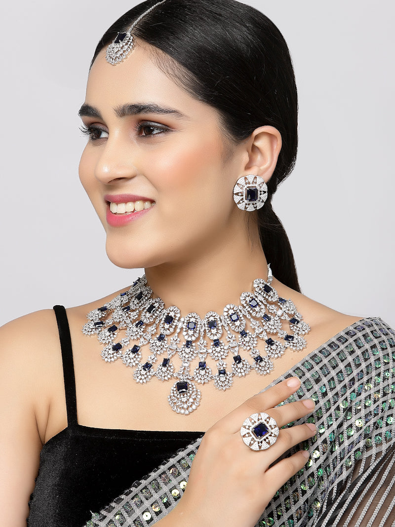 Rhodium-Plated Navy Blue American Diamond Studded Tasselled Jewellery Set