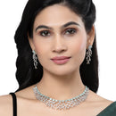 Rhodium-Plated Sea Green American Diamond Studded Eccentric Design Necklace & Earrings Jewellery Set
