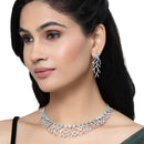 Rhodium-Plated Sea Green American Diamond Studded Eccentric Design Necklace & Earrings Jewellery Set