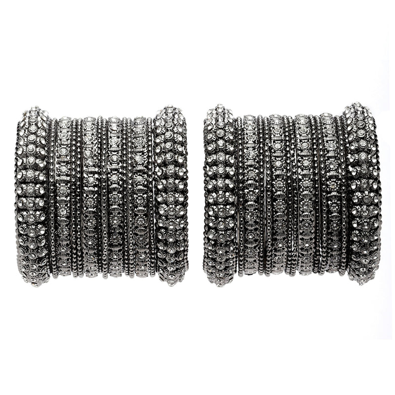 Oxidised Silver-Plated Black Toned White Artificial Stones studded Bangles Jewellery Set (Set Of 6)