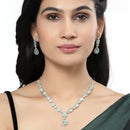 Rhodium-Plated Sea Green American Diamond Studded Fashionable Necklace & Earrings Jewellery Set