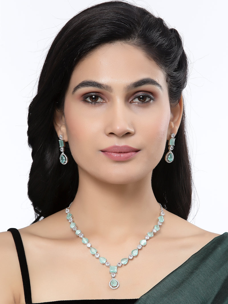 Rhodium-Plated Sea Green American Diamond Studded Fashionable Necklace & Earrings Jewellery Set