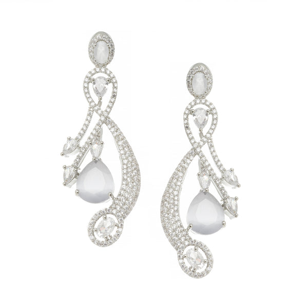 Rhodium-Plated Grey American Diamond studded Quirky Shaped Drop Earrings