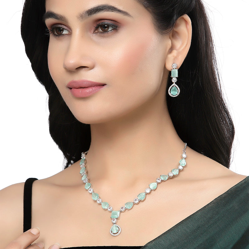 Rhodium-Plated Sea Green American Diamond Studded Fashionable Necklace & Earrings Jewellery Set