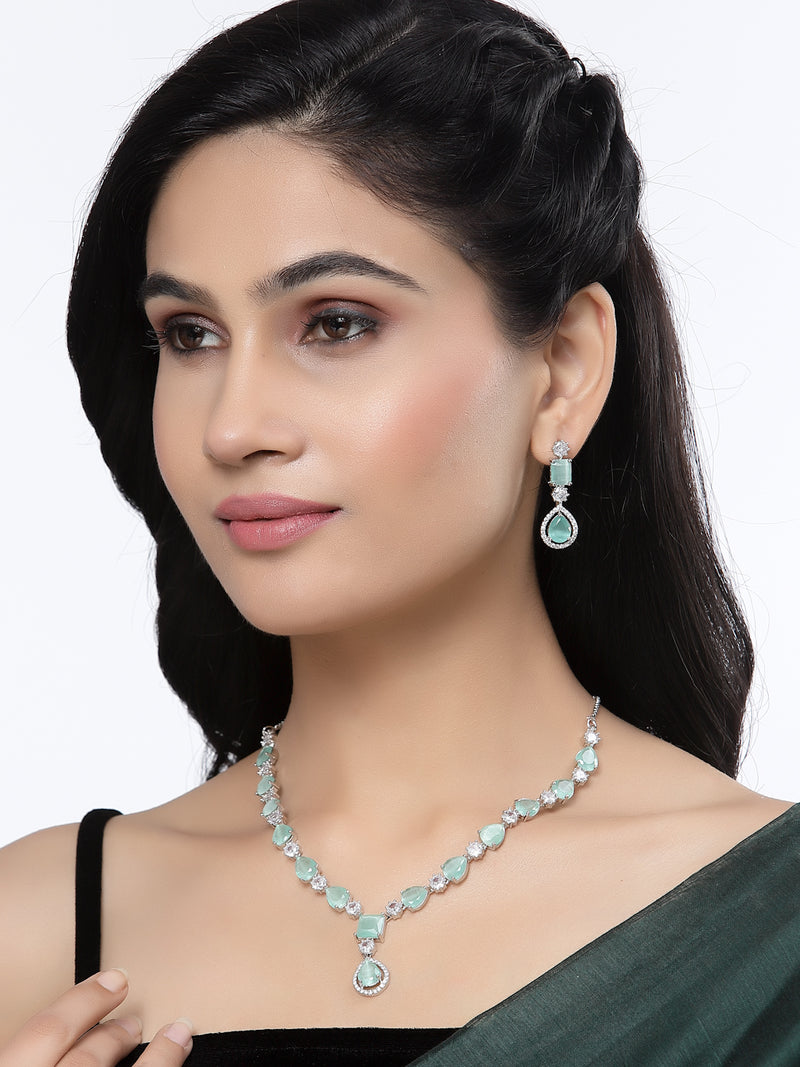 Rhodium-Plated Sea Green American Diamond Studded Fashionable Necklace & Earrings Jewellery Set