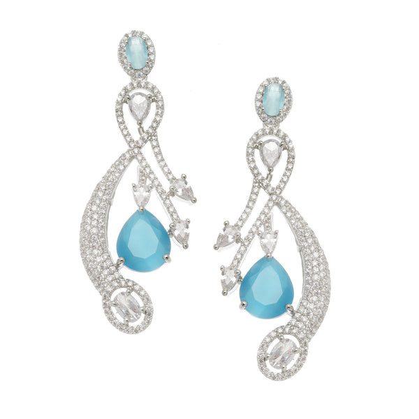 Rhodium-Plated Blue American Diamond studded Quirky Shaped Drop Earrings