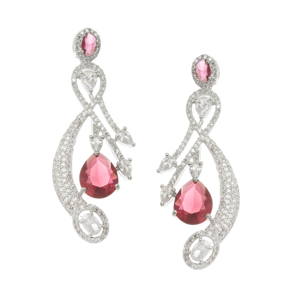 Rhodium-Plated Red American Diamond studded Quirky Shaped Drop Earrings