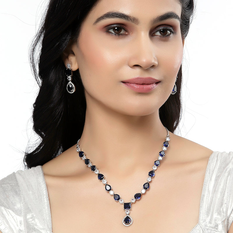 Rhodium-Plated Navy Blue American Diamond Studded Fashionable Necklace & Earrings Jewellery Set