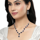 Rhodium-Plated Navy Blue American Diamond Studded Fashionable Necklace & Earrings Jewellery Set