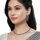 Rhodium-Plated Navy Blue American Diamond Studded Eccentric Design Necklace & Earrings Jewellery Set
