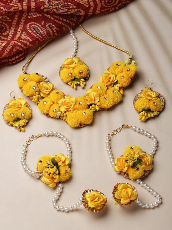 Gold-Plated Yellow Gota Patti Floral White Pearls Beaded Haldi & Mehendi Jewellery Set with Maang Tikka & Haathphool Ring