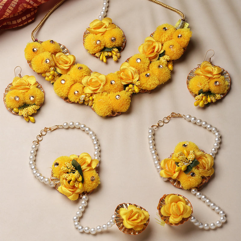 Gold-Plated Yellow Gota Patti Floral White Pearls Beaded Haldi & Mehendi Jewellery Set with Maang Tikka & Haathphool Ring
