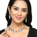 Rhodium-Plated Red & White American Diamonds Studded Squarish Shaped Necklace & Earrings Jewellery Set