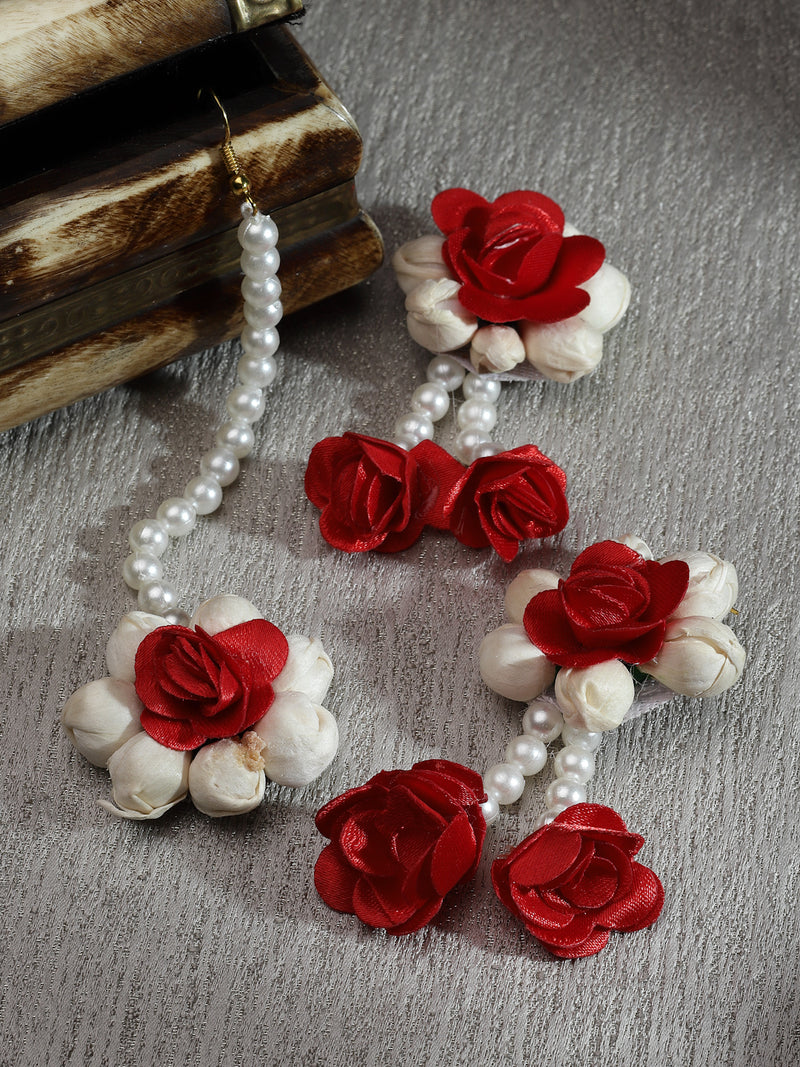 Gold-Plated White Pearl & Red-White Gota Patti Flower Haldi Mehandi MaangTikka with Earrings