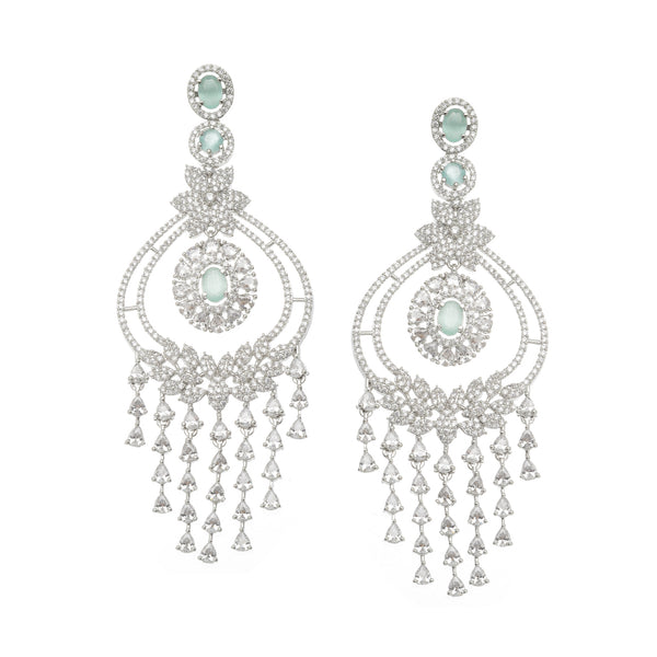 Rhodium-Plated Sea Green & White American Diamond studded Quirky Shaped Drop Earrings