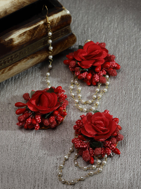 Gold-Plated White Pearl & Red Gota Patti Flower Haldi Mehandi MaangTikka with Earrings