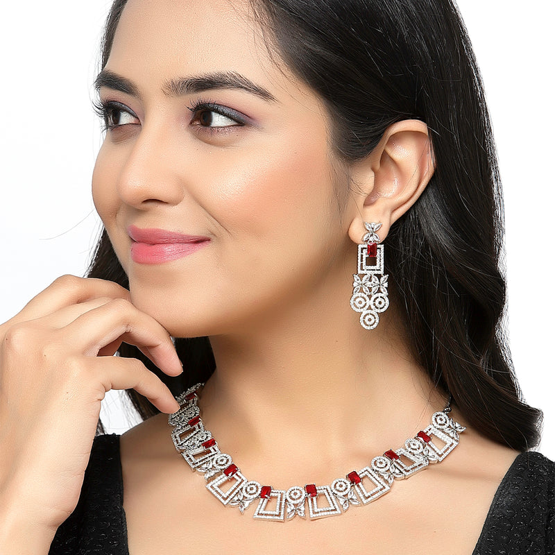 Rhodium-Plated Red & White American Diamonds Studded Squarish Shaped Necklace & Earrings Jewellery Set