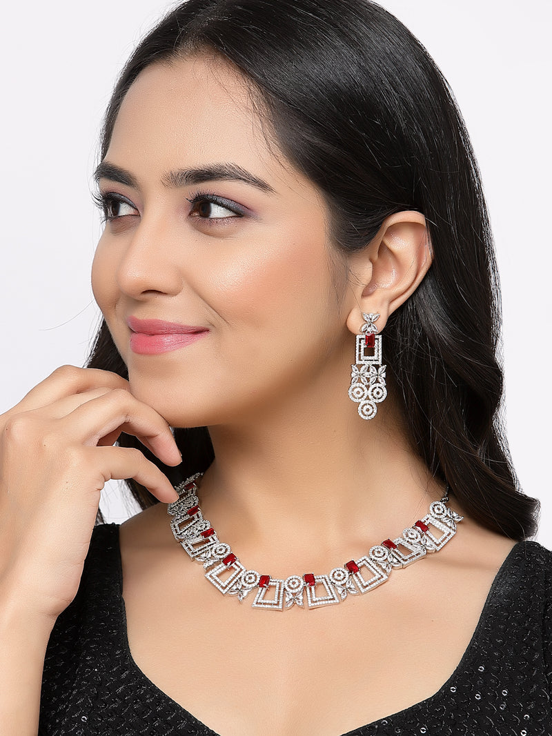 Rhodium-Plated Red & White American Diamonds Studded Squarish Shaped Necklace & Earrings Jewellery Set