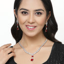 Rhodium-Plated Red Square American Diamonds Studded Pendulous Necklace & Earrings Jewellery Set