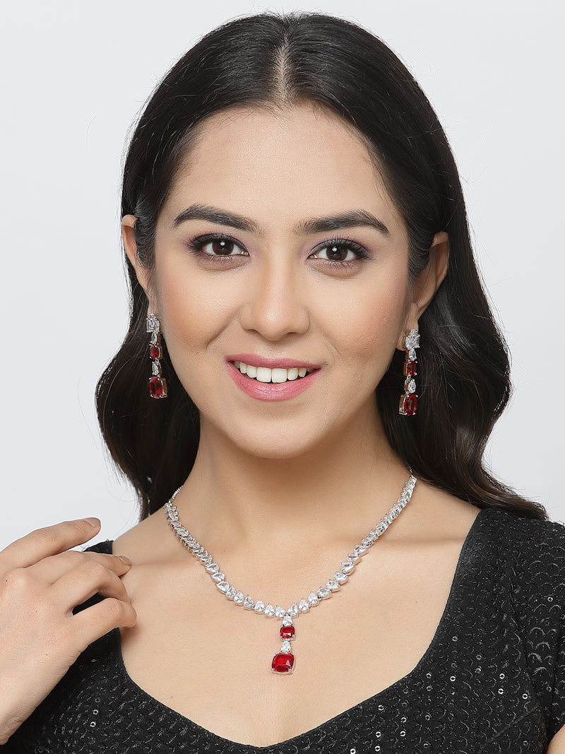 Rhodium-Plated Red Square American Diamonds Studded Pendulous Necklace & Earrings Jewellery Set