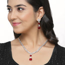 Rhodium-Plated Red Square American Diamonds Studded Pendulous Necklace & Earrings Jewellery Set