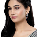Rhodium-Plated Red American Diamond studded Teardrop & Leaf Shaped Drop Earrings