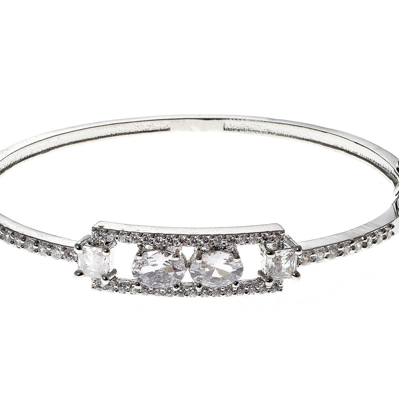 Rhodium-Plated Silver Toned Round Shaped White American Diamond Studded Kada Bracelet