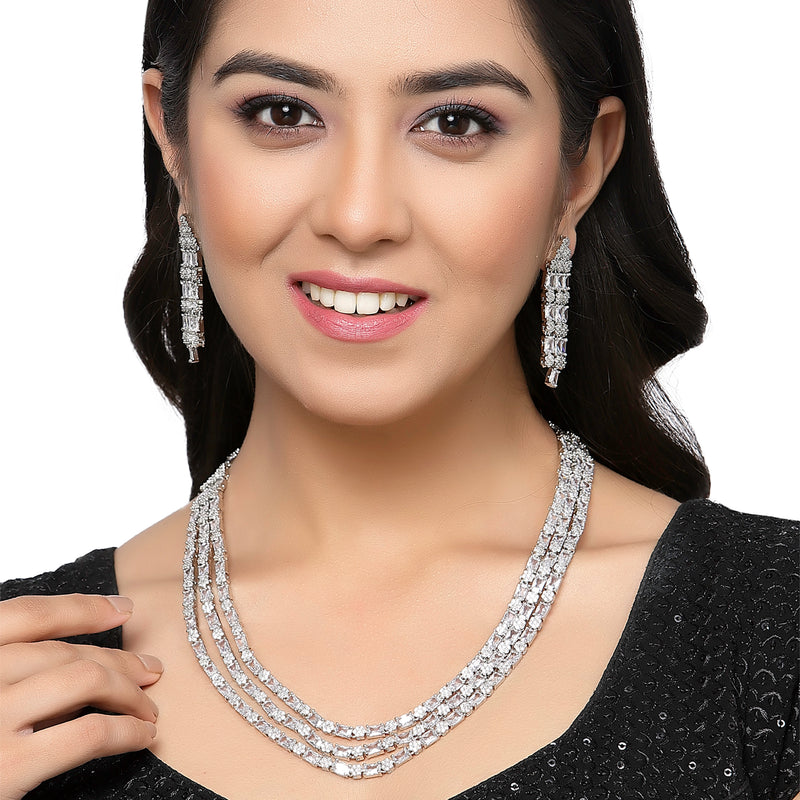 Rhodium-Plated White American Diamond Studded Layered Necklace & Earrings Jewellery Set