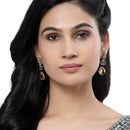 Rose Gold-Plated Gunmetal Toned Sapphire Yellow American Diamond studded Teardrop & Leaf Shaped Drop Earrings