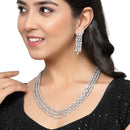 Rhodium-Plated White American Diamond Studded Layered Necklace & Earrings Jewellery Set