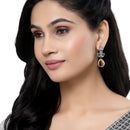 Rose Gold-Plated Gunmetal Toned Sapphire Yellow American Diamond studded Teardrop & Leaf Shaped Drop Earrings