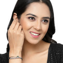 Rhodium Plated Silver Toned Emerald Green Teardrop Shaped American Diamond Stone Studded Kada Bracelet