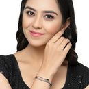 Rhodium Plated Silver Toned Emerald Green Teardrop Shaped American Diamond Stone Studded Kada Bracelet