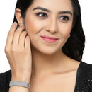 Rhodium Plated Silver Toned White American Diamond Studded  Cuff Bracelet