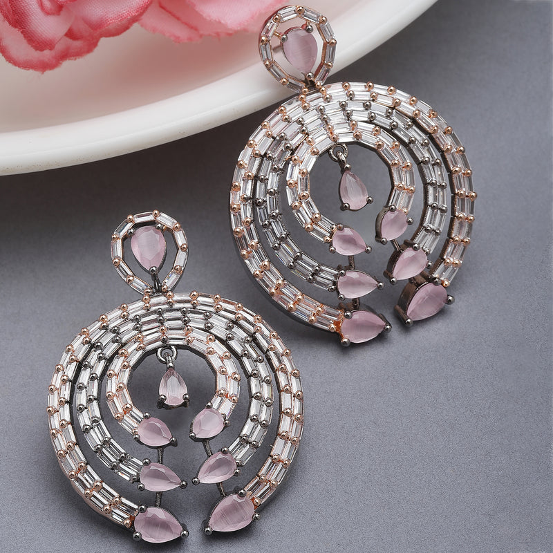 Rose Gold-Plated Gunmetal Toned Pink American Diamond Studded Circular Contemporary Drop Earrings