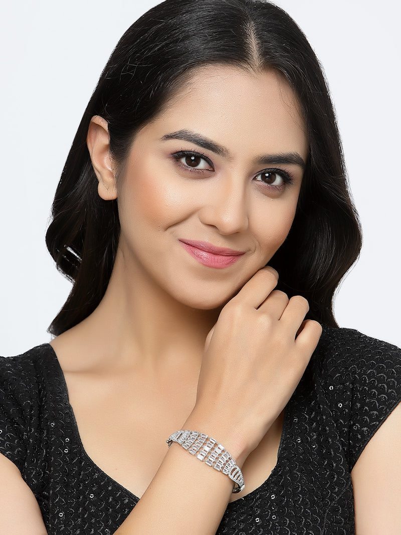 Rhodium-Plated White American Diamond Studded Kada Bracelet