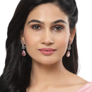 Rose Gold-Plated Gunmetal Toned Pink American Diamond studded Teardrop & Leaf Shaped Drop Earrings