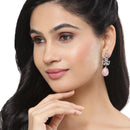 Rose Gold-Plated Gunmetal Toned Pink American Diamond studded Teardrop & Leaf Shaped Drop Earrings