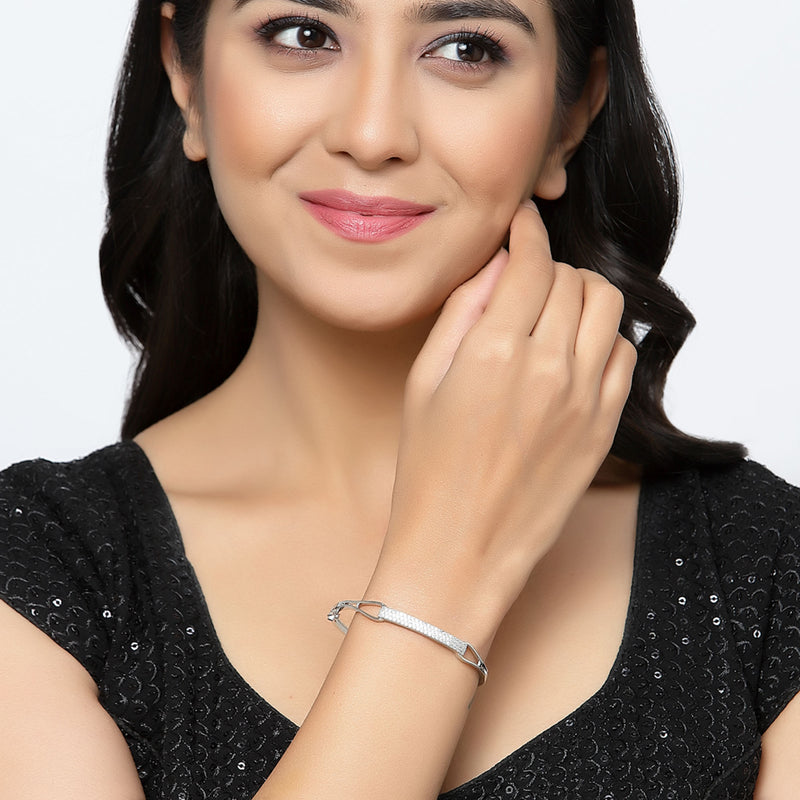 Rhodium Plated Silver Toned American Diamond Studded  Round Charm Adjustable Bracelet & Cuff Bracelet  Combo Set of 2